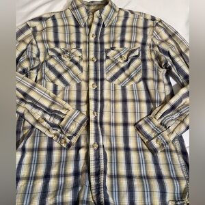 Duluth Trading Co. Men's Small Long Sleeve Western Blue Tan‎ Plaid Shirt Cotton